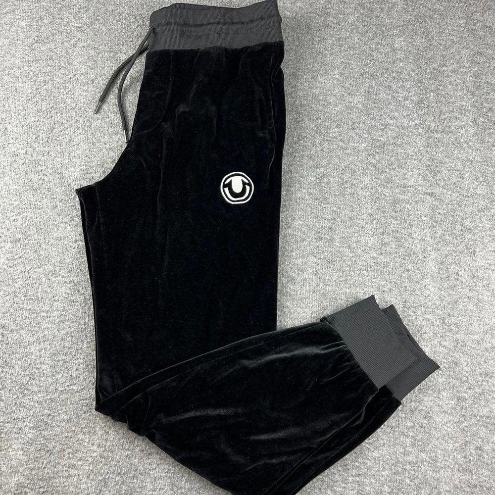 True Religion Women's Small Velour Joggers Black Horseshoe Logo Sweatpants